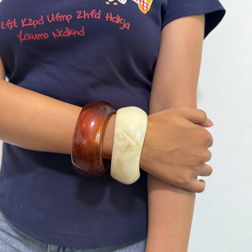 2PCS Chunky Acrylic Bracelet for Women Large Square Resin Cuff Vintage Open Bangle Bracelets Wide Geometric Jewelry - style: K-Red+Beige