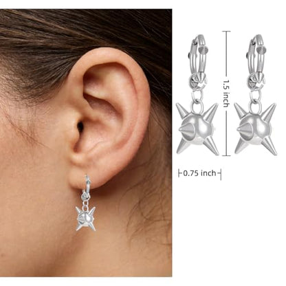 Goth Spiked Morning Star Earrings, 3D Stainless Steel Punk Dangle Huggie Earrings, Unisex Edgy Gothic Spike Jewelry for Women & Men