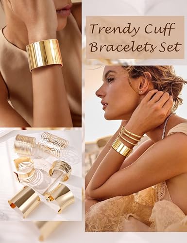 REVOLIA 6Pcs Chunky Cuff Bracelets Set for Women Minimalist Irregular Statement Wrist Cuff Adjustable Hammered Bangles Bracelets Open Wide Wire Arm Cuff Bracelet - color: Gold-A