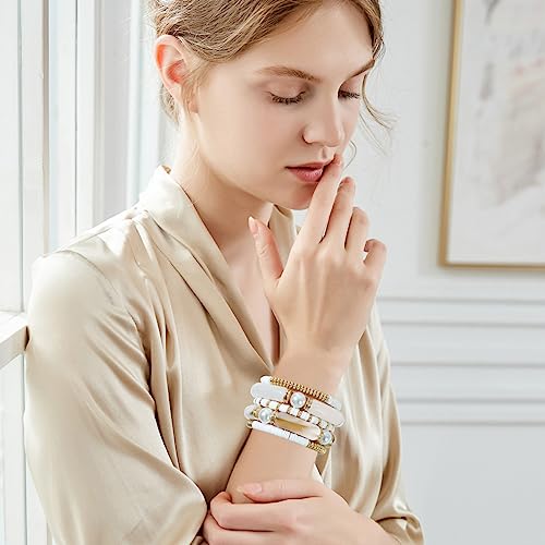 GOOJIDS Simple Beaded Gold Plated Bangles Bracelet Chunky Bamboo Tube Curved Stacking Clear Acrylic Colorful Beads Stretchable Gold Plated Bracelets Set For Women - color: A-A1 Ivory Set