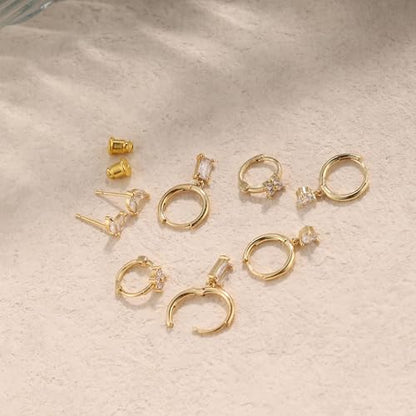 Gold Plated Earrings for Women, 14k Gold Plated Earring Stack Hypoallergenic Pearl Drop Earring Dainty Earrings for Women Trendy Cute Small Huggie Hoop Earring Fashion Womens Jewelry - color: SET6