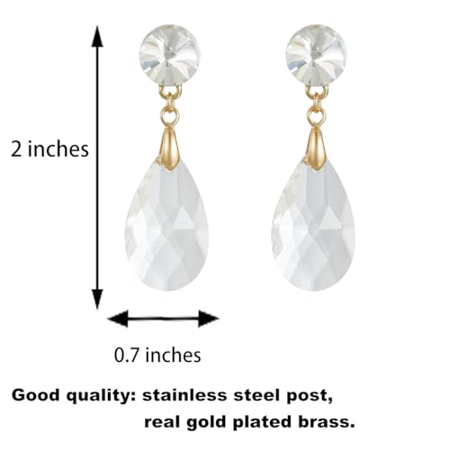 Round and Teardrop Crystal Stud Dangle Earrings Hypoallergenic Gold Plated Birthstone Drop Earrings Trendy Evening Prom Pageant Jewelry Gift for Women - color: clear