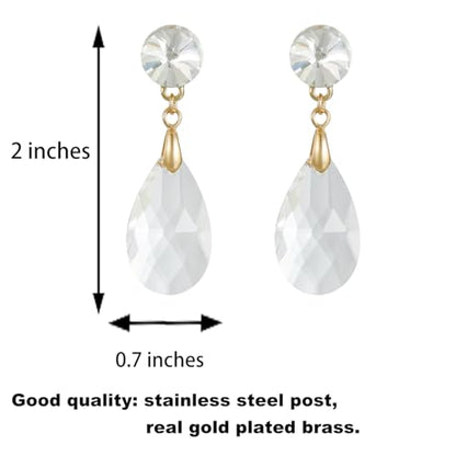 Round and Teardrop Crystal Stud Dangle Earrings Hypoallergenic Gold Plated Birthstone Drop Earrings Trendy Evening Prom Pageant Jewelry Gift for Women - color: clear