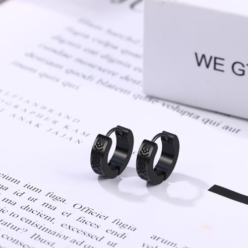 Aroncent 2-8Pcs Womens Mens Huggie Hoop Triangle Earrings Viking Runes Stainless Steel Ear Stud Novelty Black/Gold/Silver - color: D-Skull Hoop Earrings-Black