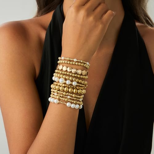 wekicici Golden Bracelet for Women Gold Plated Layered Beads Ball Bracelets Stackable Faux Pearl Bead Bracelet Set Fashion Adjustable Bracelet Set Jewelry for Gifts