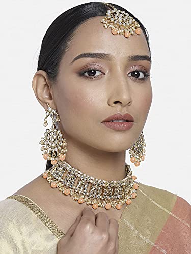 Aheli Elegant Indian Faux Kundan Studded Choker Necklace with Maang Tikka Set Ethnic Wedding Wear Bharatanatyam jewellery set Gift for Women - color: Peach