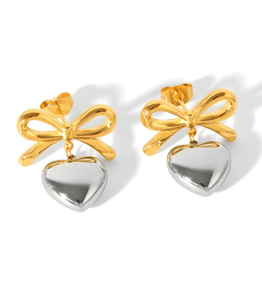18K Gold Plated & Silver Chunky Heart & Bow Earrings for Women, Chunky Heart Dangle Hoops/Tiny Studs, Kawaii Dainty Hypoallergenic Jewelry for Multiple Piercings, Gift for Her - style: Bow and Heart