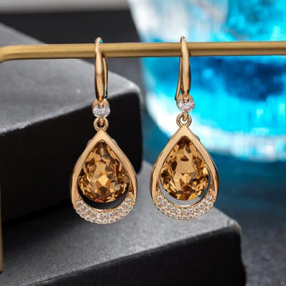 Austrian Crystal Halo Teardrop Hollow Drop Dangle Earrings for Women 14K Rose Gold Plated Hypoallergenic Jewelry Gifts - color: Light Topaz
