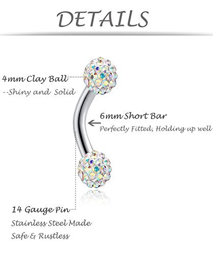 6-8-12PCS 14G 6-10mm Short Bar Tiny Heart Butterfly Evil Eye Devil Heart Snake Skull CZ Skull hand with Gem ball Stainless Steel Belly Button Rings Navel Rings for Women Barbell Eyebrow Body Piercing Jewelry - color: C:6pcs,Clay Ball