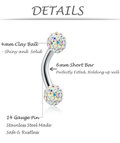 6-8-12PCS 14G 6-10mm Short Bar Tiny Heart Butterfly Evil Eye Devil Heart Snake Skull CZ Skull hand with Gem ball Stainless Steel Belly Button Rings Navel Rings for Women Barbell Eyebrow Body Piercing Jewelry - color: C:6pcs,Clay Ball