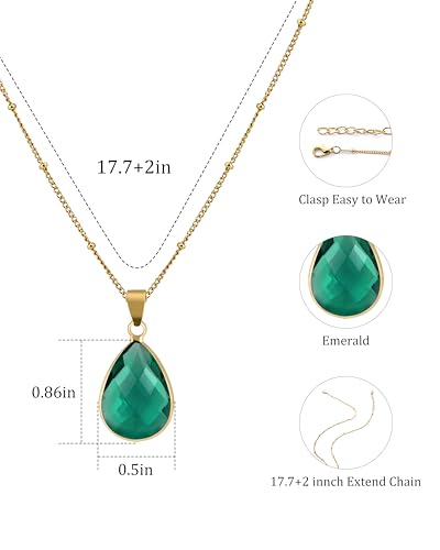 14K Gold Plated Emerald Teardrop Necklace Crystal Pendant Necklace for Women Classic Green Jewelry for Mothers Gift