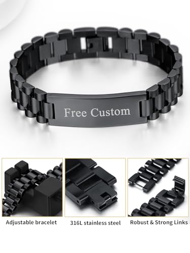 ChainsHouse Men Stainless Steel Bracelet Adjustable Custom ID Engraved Gift | Personalized Silver/Gold/Black for Birthday Father Husband Boyfriend with Gift Box Adjustable Tool 10mm/15mm/15.5mm 8.3"/8.7" - color: R.15mm Width-Black-Text Custom