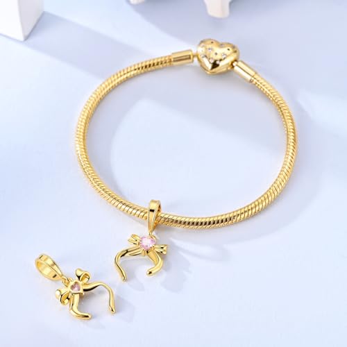 14K Gold Plated Charms for Bracelets Necklace Star Moon Cross Beads Woman | 925 Sterling Silver Charms Butterfly Cute Cat Dog Evil Eye Lucky Bracelet Beads Aesthetic Peandant Jewelry Gift for Mom - color: gold bow