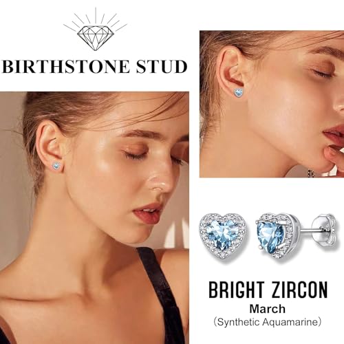 Bestyle Sparkling 925 Sterling Silver Birthstone Stud Earrings for Women, Heart/Round/Teardrop/Square Solitaire Diamond Studs Earrings, Great Birthday/Christmas Gifts - style: 03. Blue Aquamarine-Mar.-heart