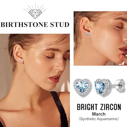 Bestyle Sparkling 925 Sterling Silver Birthstone Stud Earrings for Women, Heart/Round/Teardrop/Square Solitaire Diamond Studs Earrings, Great Birthday/Christmas Gifts - style: 03. Blue Aquamarine-Mar.-heart