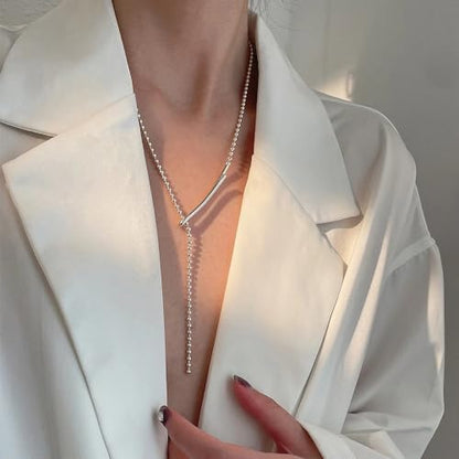 925 sterling Silver Lariat Necklace, Punk Silver Lariat Necklace For Women, Charm Copper Beaded Chain Necklace Y Shape Jewelry, long necklaces for women boho, drop necklaces for women