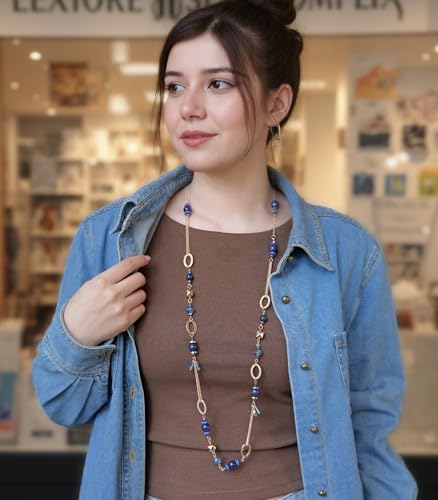 Long Gold Boho Necklaces for Women Beaded Statement Chain Long Necklace Gold Costume Jewelry Birthday Gifts for Her - color: Dark Blue