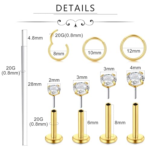 Incaton 18G Threadless Flat Back Stud Earrings For Women Men, 316L Surgical Steel Hypoallergenic Push in Nose Studs CZ Nose Nostril Tragus Helix Labret Studs Lip Rings Piercing Jewelry - color: 3 HOOP + 4 STUD GOLD