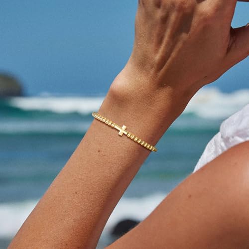 Beaded Bracelets for Women 14K Silver Gold Plated Stretch Handmade Ball Bracelets Cute Charm Bracelet Dainty Stackable Cross Heart Bow Wave CZ Circle Trendy Jewelry Easter Gifts - color: cross