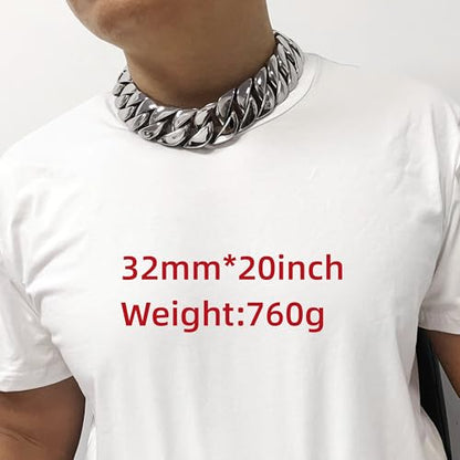 SDA Wide Chunky Gold Chain Necklace - Heavy and Waterproof 316L Surgical Steel with 18K Gold Plating for Modern Men and Women into Hip Hop Fashion - color: B476-32mm-White Gold