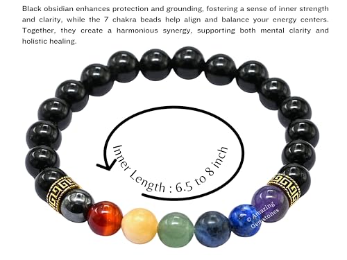Amazing Gemstone Chakra with Black Obsidian Crystal Bracelet for Women Men's Gifts - Protection Healing Crystal Bracelet - 8mm Gemstone Beaded Stretchable Bracelet Pulseras Para Hombres Mujer Stocking Stuffers Mothers Day Gift - color: Chakra Bracelet (Bl
