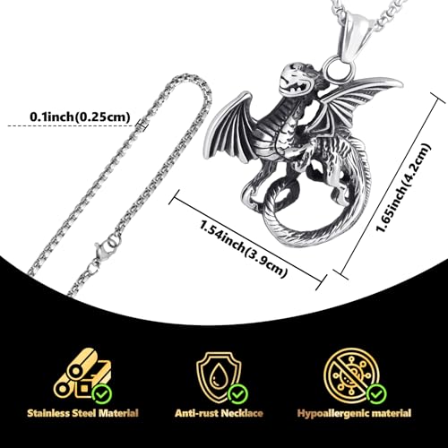Stainless Steel Gothic Y2K Punk Rock Emo Biker Pendant Necklace | Cosplay Vintage Viking Alt Edgy Fashion Charm Necklace Jewelry for Men Women Active Daily Wear - style: Vintage Flying Dragon