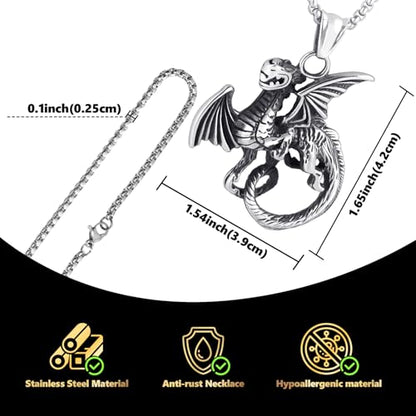 Stainless Steel Gothic Y2K Punk Rock Emo Biker Pendant Necklace | Cosplay Vintage Viking Alt Edgy Fashion Charm Necklace Jewelry for Men Women Active Daily Wear - style: Vintage Flying Dragon