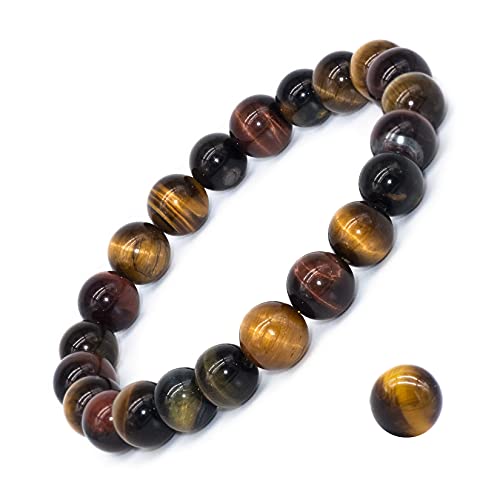 8mm Natural Crystal Stretch Bracelet | Handmade Round Stone Bead Bracelet, Runs Large, Meditation Yoga Gift for Women & Men - color: Multicolor Tiger Eye