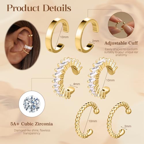 Ear Cuff Earrings for Women Non Piercing Helix Cartilage Clip on Ear Cuffs 14K Gold Plated & Sterling Silver Stainless Steel Hypoallergenic Huggie Hoop Fake Earring Set Jewelry Gift - color: A5-Cubic Zirconia Set