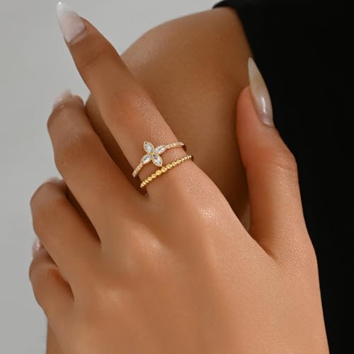 Adjustable Rings for Women 18K Gold Plated daisy Flower Butterfly Ball Cubic Zirconia Rings Dainty Open Stacking Ring - color: Flower CZ-Gold