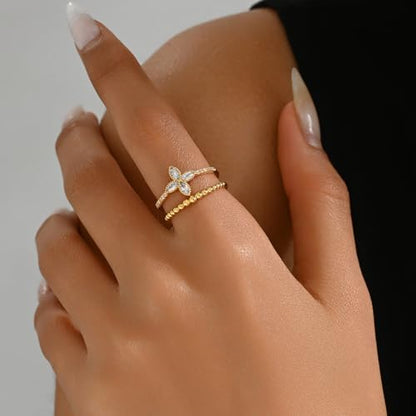 Adjustable Rings for Women 18K Gold Plated daisy Flower Butterfly Ball Cubic Zirconia Rings Dainty Open Stacking Ring - color: Flower CZ-Gold