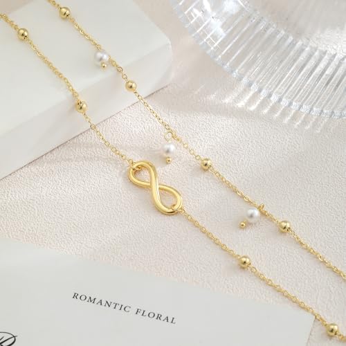 Gold Ankle Bracelets for Women, Dainty 14K Gold Plated Anklets for Women Waterproof Cuban Link Chain Pearl Anklet Set Trendy Layered Stackable Ankle Bracelet Non Tarnish Jewelry for Her - color: A0018