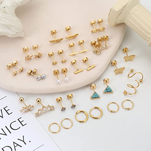MJust 18 Pairs Earrings Set – Flat Back Stud Hypoallergenic 20G Steel stud | 18 Pairs Flat Back Earrings Set – Hypoallergenic 316L Steel Studs for Cartilage & Lobe Piercings - color: Aureate