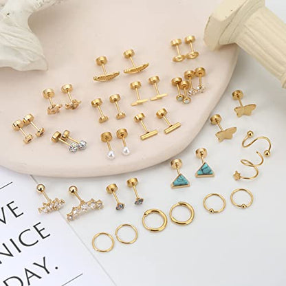 MJust 18 Pairs Earrings Set – Flat Back Stud Hypoallergenic 20G Steel stud | 18 Pairs Flat Back Earrings Set – Hypoallergenic 316L Steel Studs for Cartilage & Lobe Piercings - color: Aureate