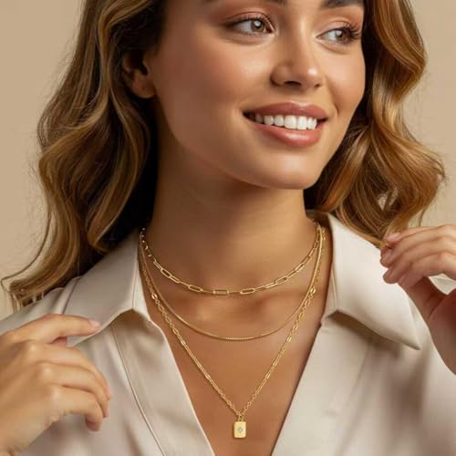 Gold Layered Necklaces for Women, 14K Gold Plated Paperclip Snake Chain Necklace Set, Dainty Coin Cross Tear Pendant Layering Choker Necklaces, Simple Trendy Stackable Jewelry Gifts - color: 3PCS/ square pendant& 2 Chains