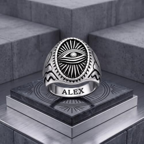 Dacc & Aya Custom Engraved Vintage Signet Ring 925 Sterling Silver Black Oxidized Personalized Statement Jewelry for Men - style: E-Evil Eye