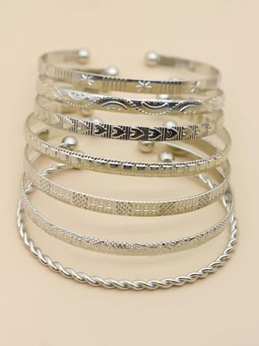 Gold Bangle Bracelets for Women, 14k Gold Plated Multi Layer Textured Stackable Open Bracelet Set Boho Indian Bangles Stackable Set Trendy Elegance Charms Non Tarnish Minimalist Bangle Pack - style: Silver 7Pcs
