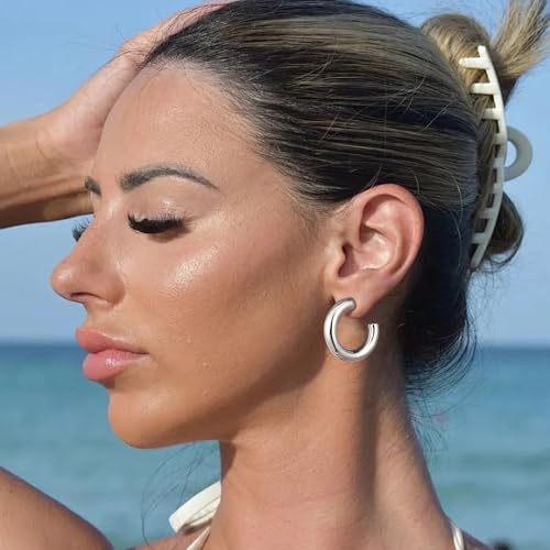 14K Gold Plated Chunky Open Hoop Earrings for Women | Lightweight Hollow Tube Hoop Earrings with 925 Sterling Silver Post, Chunky C Shape Design, Trendy Jewelry Gift for Women