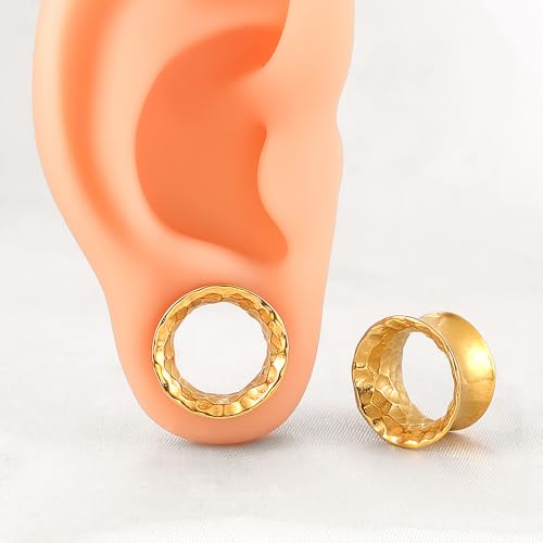 LADEMAYH 2PCS Hammered Ear Plugs Gauges for Ears, Punk Textured Tunnels | Industrial Style, Double Flared Expander, 316L Surgical Stainless Steel, Hypoallergenic, Saddle Fit, Ear Stretching Jewelry - color: #6598 Gold, size: 5/8"(16mm)