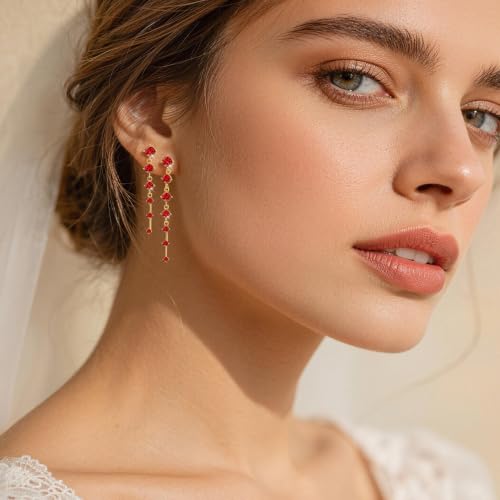 2 Pairs Long Diamond Dangle Tassel Earrings for Women | 14K Gold Silver Plated, Dainty Diamond Crystal Drop Earring, Small Cz Statement Dangly, for Wedding Bridesmaid, Jewelry Gifts - color: 2 Pairs Gold-Red