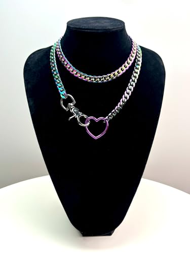 paloli Women's Slip Chain Rainbow Heart O-Ring Chunky Chain Necklace, Rays Cuban Long Layered Jewelry, Adjustable Lariat Y-Necklace Heart Loop Choker - color: H-Heart-Rainbow-Purple