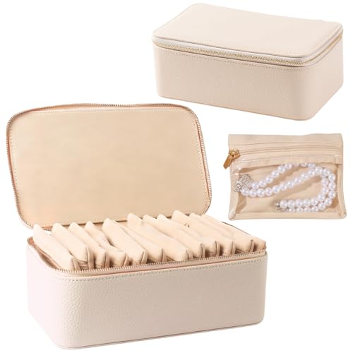 Travel Jewelry Case with 12 Velvet Zipped Pouches Bags, Beige | Lychee grain textured, pu leather surface & soft velvet lining, for jewelries necklaces rings earrings sorting storage - color: Beige - 12 Pouch