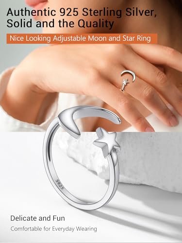 PROSILVER 925 Sterling Silver Adjustable Open Ring for Women, Solid Sterling Silver Stackable Ring, knuckle Finger Ring, Pinky Ring, Come with Box - style: 06 Moon and Star
