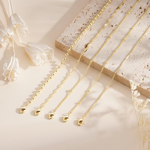 Gold Bracelet for Women, Waterproof Jewelry,5PCS | 14K Gold Plated Bracelets Stacks Non-Tarnish, Lightweight & Comfy, Trendy Adjustable Dainty Links, Women’s Jewelry Gift - color: 5 pcs Big Satellite+Box+Bead+Twist+Small Satellite