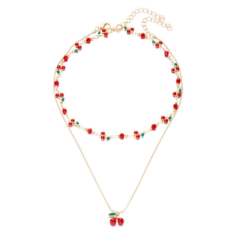 Tiny Red Cherry Fruit Necklace Bracelet Anklet Sweet Cherry Pendant Double Layered Gold Chain - color: red cherry necklace