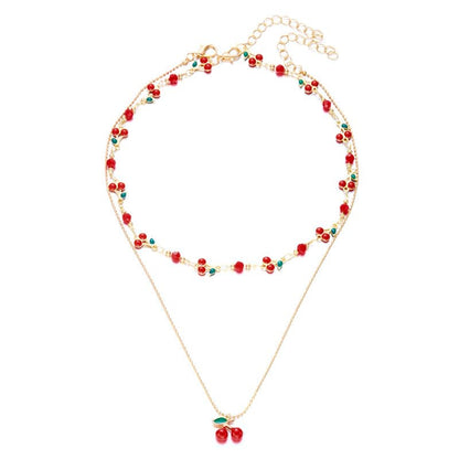 Tiny Red Cherry Fruit Necklace Bracelet Anklet Sweet Cherry Pendant Double Layered Gold Chain - color: red cherry necklace