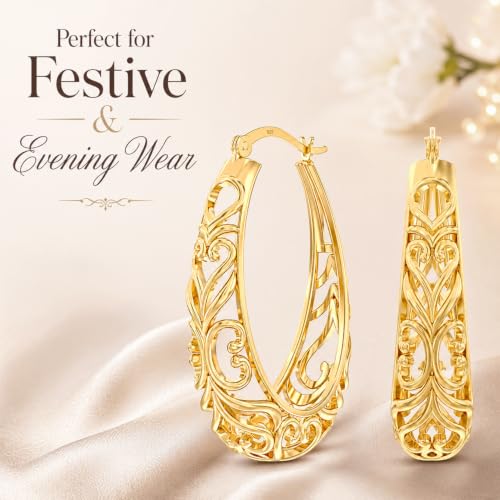 LeCalla 925 Sterling Silver Chunky Hoop Earrings | Filigree Heart Hoop Earrings for Women | Oval & Round Mesh Filigree Click-Top Hoops Earring | Hypoallergenic Earrings for Women - color: Yellow Gold Oval Heart Filigree 28MM