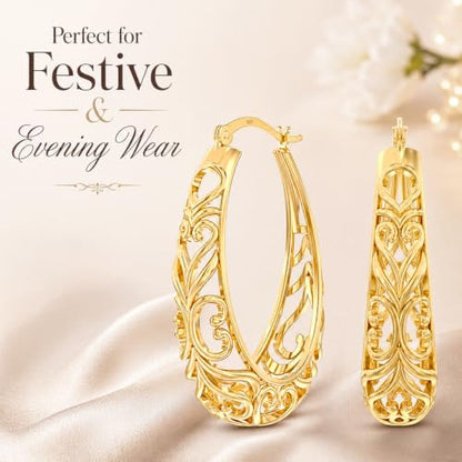 LeCalla 925 Sterling Silver Chunky Hoop Earrings | Filigree Heart Hoop Earrings for Women | Oval & Round Mesh Filigree Click-Top Hoops Earring | Hypoallergenic Earrings for Women - color: Yellow Gold Oval Heart Filigree 28MM
