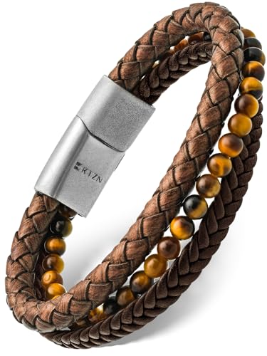 RTZN® Brown Leather Bracelet for Men – Premium Artisan Handcrafted Mens Leather Bracelet – Multi-Stand Mens Bracelet Leather Collection | Beaded Tiger Eye, Silver Chain, and Braided Brown Leather - color: Multi-Strand, size: Small