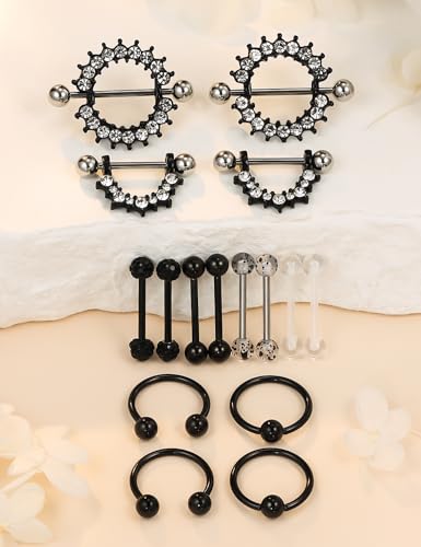 Cisyozi 16G 14G Nipple Piercing Jewelry Tongue Rings Hypoallergenic Surgical Steel Screw Nipple Tongue Shield Ring Barbell Body Piercing Jewelry Retainer for Women 9/16 Inch 14mm - color: G:8Pairs-16g(1.2mm)-Black